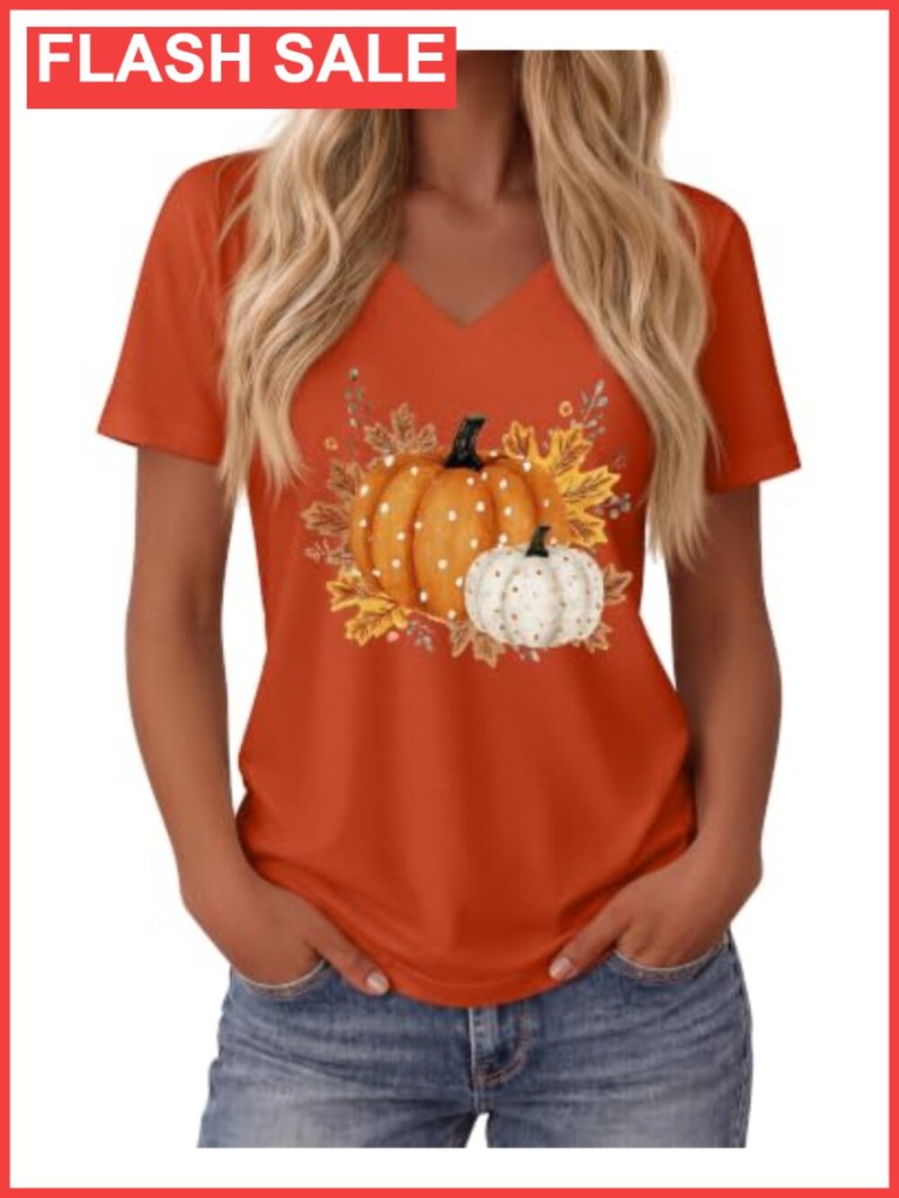 Women's Fall Pumpkin V-Neck Short Sleeve T-Shirt Loose Fit Casual Top